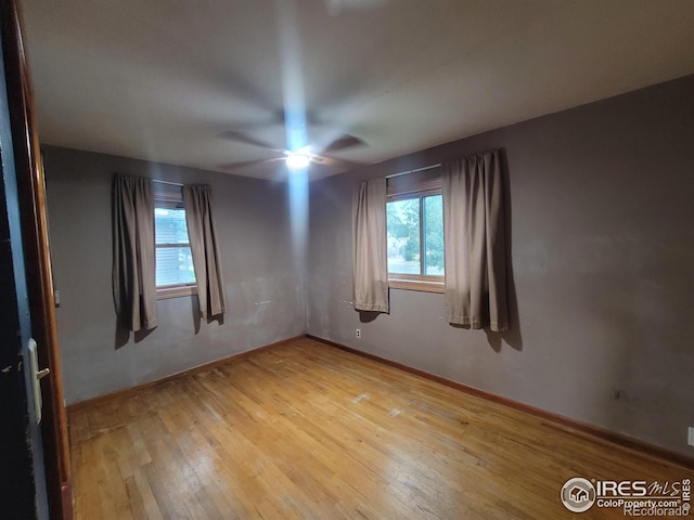 empty room featuring ceiling fan and light hardwood / wood-style floors