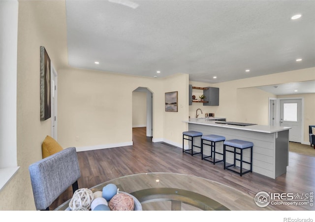 living room with dark wood-type flooring, sink, and a textured ceiling