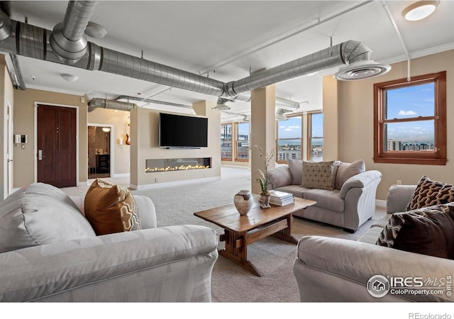 living room featuring carpet and ornamental molding