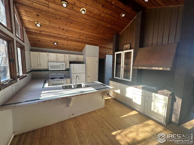 kitchen featuring wood ceiling, backsplash, white appliances, and tile countertops