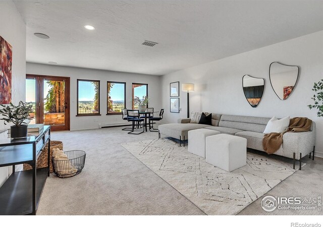 living room featuring light carpet and a baseboard radiator