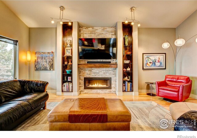 living room featuring wood-type flooring and a fireplace