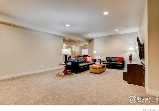 living room featuring light colored carpet