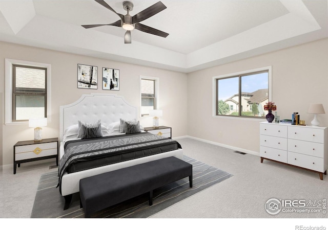 bedroom featuring ceiling fan, carpet, and a tray ceiling