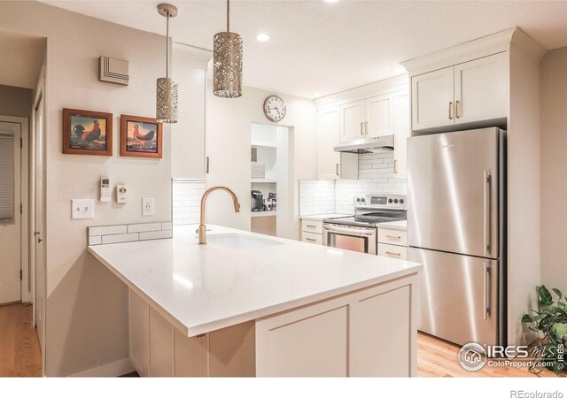 kitchen with white cabinetry, tasteful backsplash, kitchen peninsula, stainless steel appliances, and sink