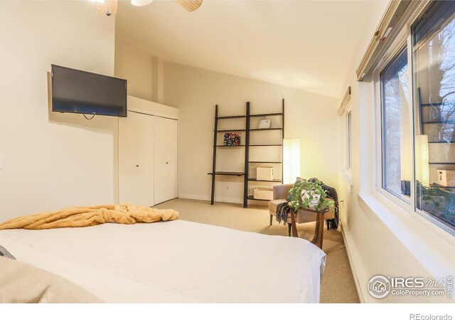 bedroom featuring light carpet, vaulted ceiling, and a closet