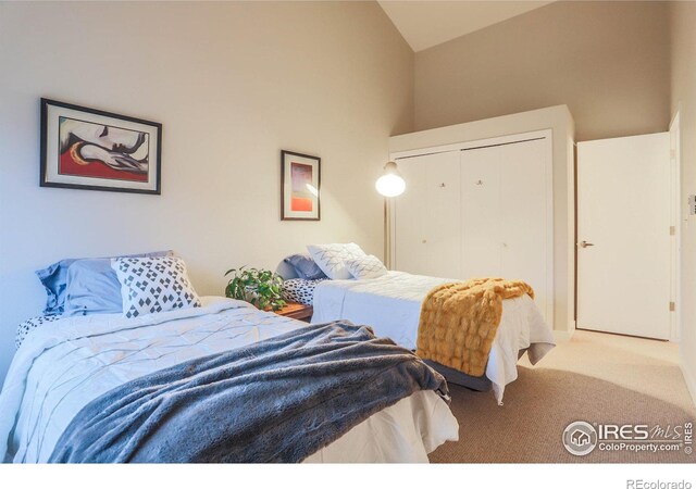 carpeted bedroom with high vaulted ceiling and a closet