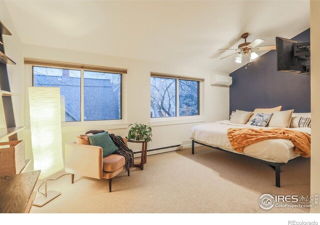 bedroom featuring ceiling fan, carpet flooring, a wall mounted air conditioner, and a baseboard heating unit