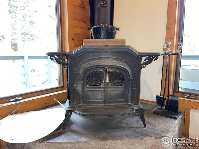 room details with a wood stove