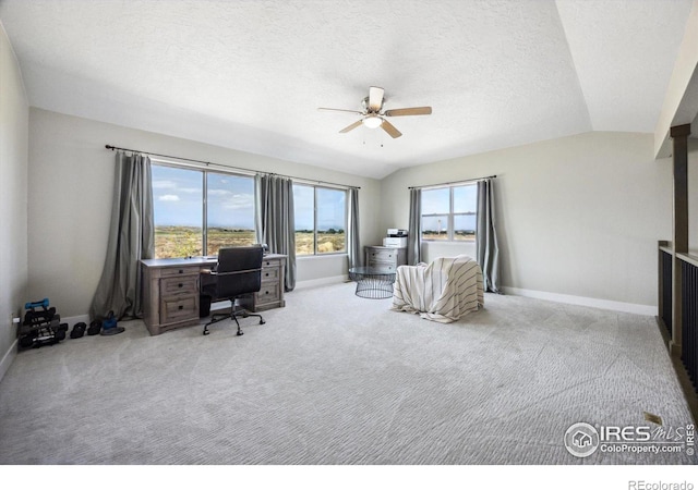 carpeted bedroom featuring lofted ceiling, ceiling fan, multiple windows, and a textured ceiling