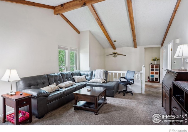 living room featuring carpet, ceiling fan, and lofted ceiling with beams