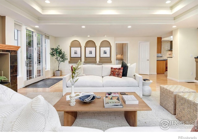 living room with light wood-type flooring and a raised ceiling