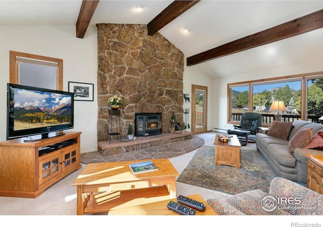 carpeted living room with vaulted ceiling with beams, baseboard heating, and a wood stove