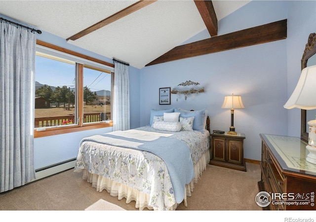 carpeted bedroom with a textured ceiling, vaulted ceiling with beams, and a baseboard radiator