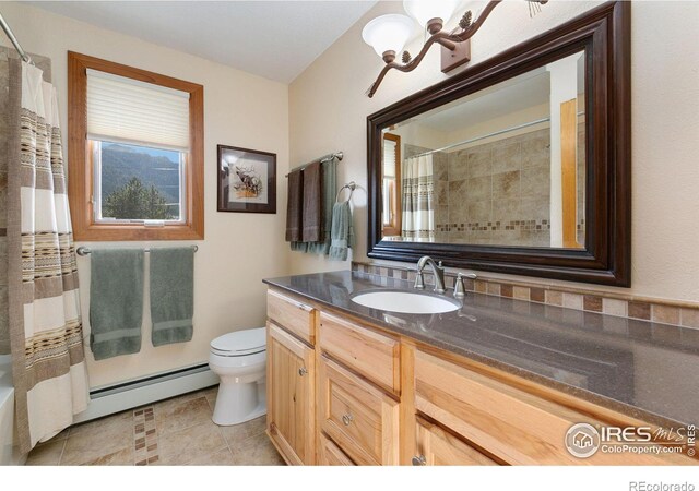 full bathroom featuring toilet, tile patterned flooring, a baseboard heating unit, shower / tub combo, and vanity