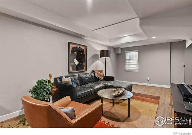 living room with light wood-type flooring and a tray ceiling