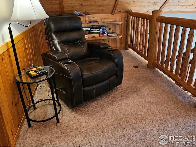 living room with carpet flooring, wood walls, wood ceiling, and lofted ceiling