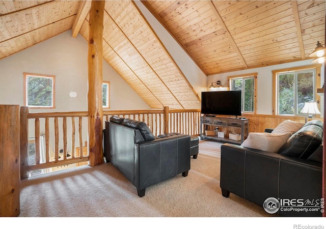 unfurnished living room featuring carpet flooring, vaulted ceiling with beams, wood walls, and wood ceiling