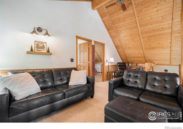 living room with carpet flooring, vaulted ceiling with beams, ceiling fan, and wooden ceiling