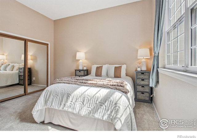 bedroom featuring carpet and a closet