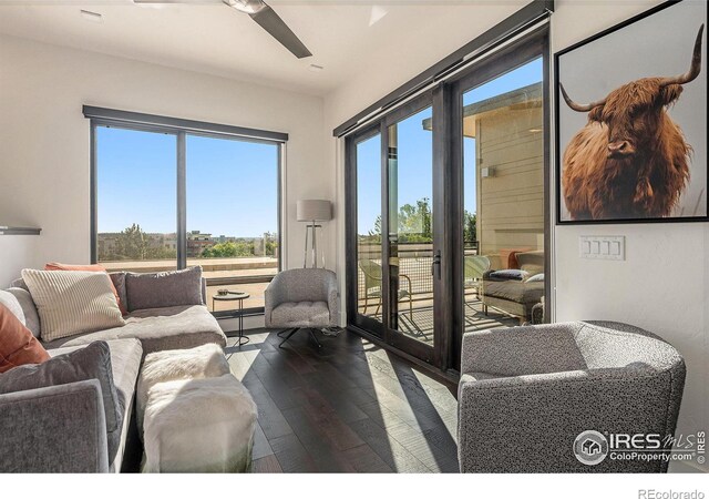 living room with hardwood / wood-style floors, ceiling fan, and a baseboard radiator