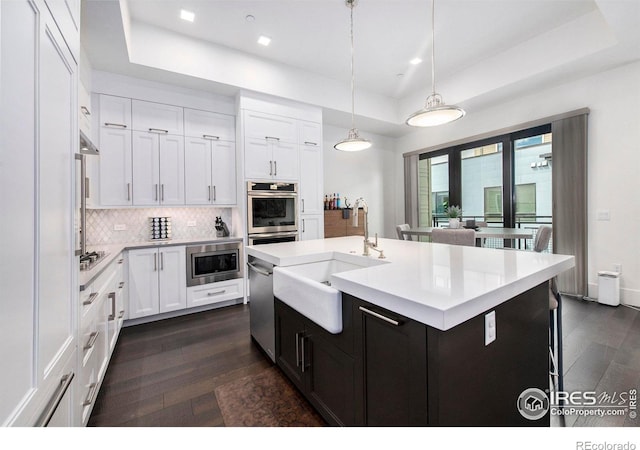 kitchen featuring white cabinets, decorative light fixtures, stainless steel appliances, and a tray ceiling