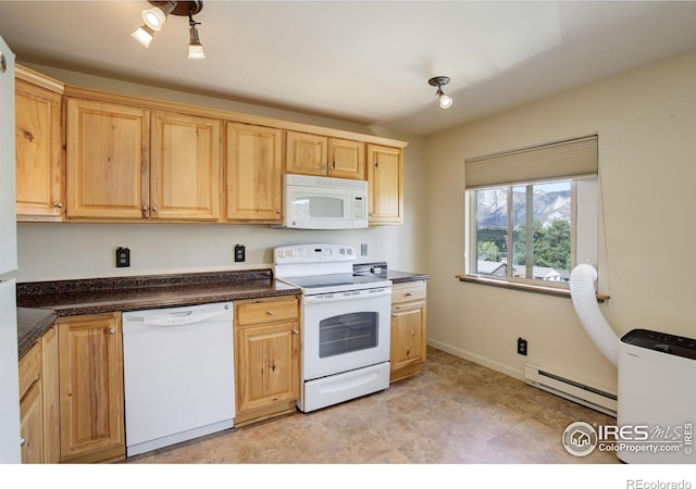 kitchen with white appliances and baseboard heating