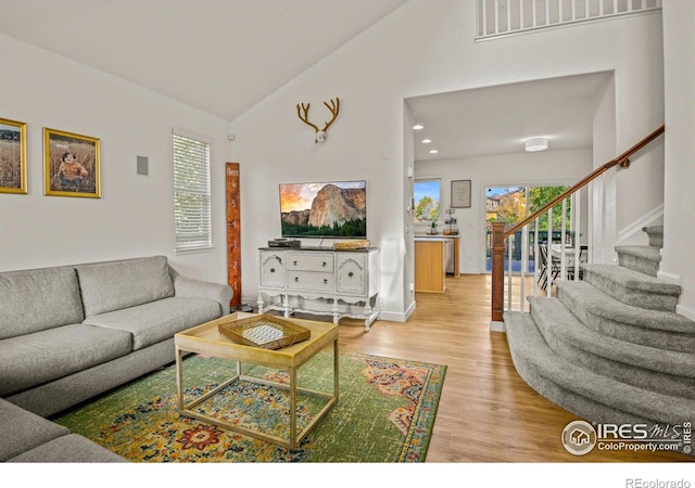 living room featuring high vaulted ceiling and light hardwood / wood-style flooring