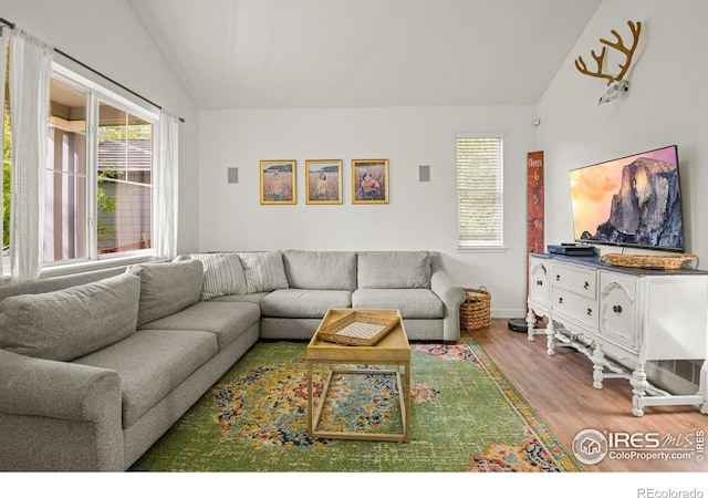 living room featuring lofted ceiling and hardwood / wood-style flooring