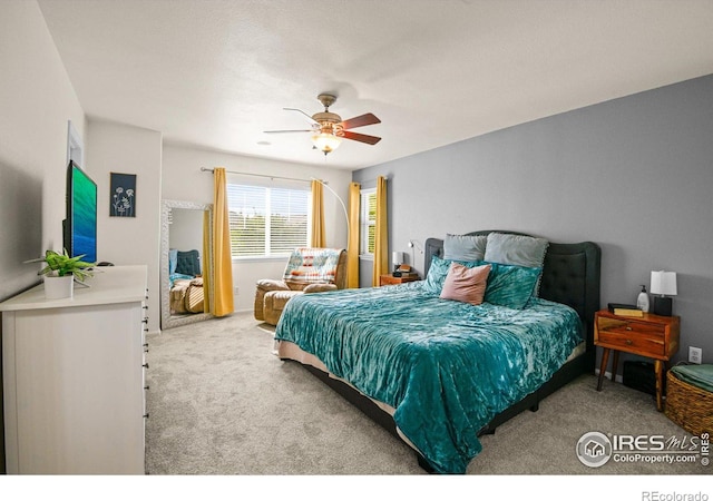 bedroom with a textured ceiling, ceiling fan, and carpet