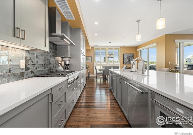 kitchen with wall chimney exhaust hood, hanging light fixtures, stainless steel appliances, sink, and gray cabinets