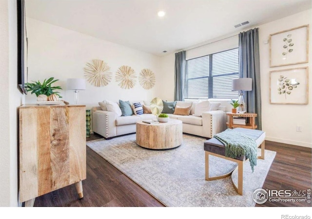 living room with dark hardwood / wood-style flooring