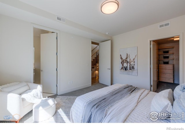 bedroom featuring a closet, carpet flooring, and a spacious closet