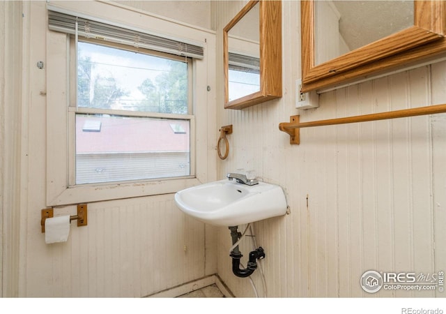 bathroom with plenty of natural light and wood walls