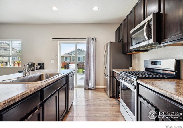 kitchen with sink, stainless steel appliances, light wood-type flooring, and dark brown cabinetry