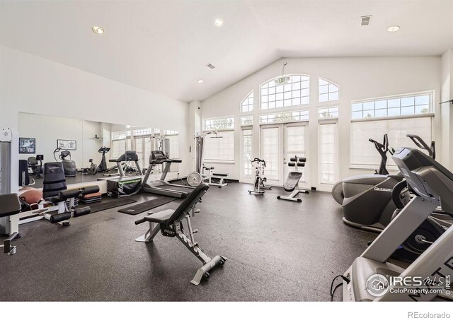 exercise room with high vaulted ceiling