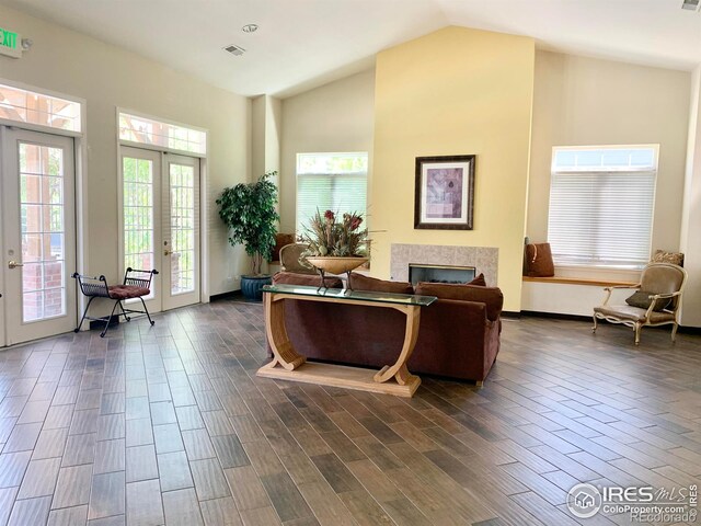 living room featuring a healthy amount of sunlight, a tiled fireplace, dark hardwood / wood-style floors, and french doors