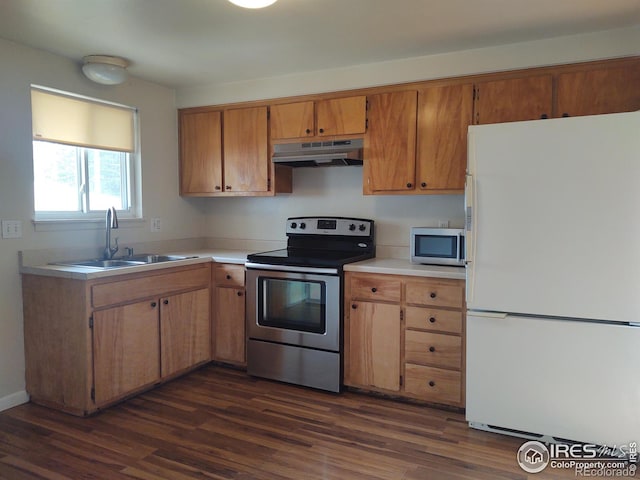 kitchen with stainless steel appliances, dark hardwood / wood-style floors, and sink