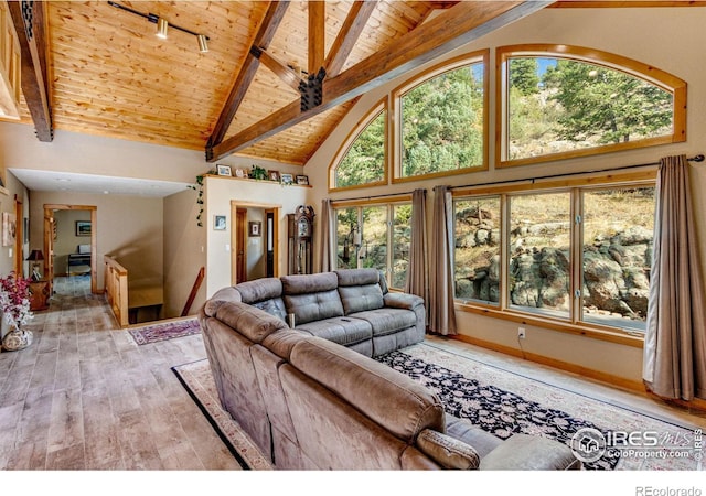 living room with high vaulted ceiling, wood ceiling, light hardwood / wood-style floors, and beamed ceiling