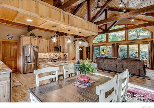 dining space featuring high vaulted ceiling, wood ceiling, beam ceiling, and light hardwood / wood-style flooring