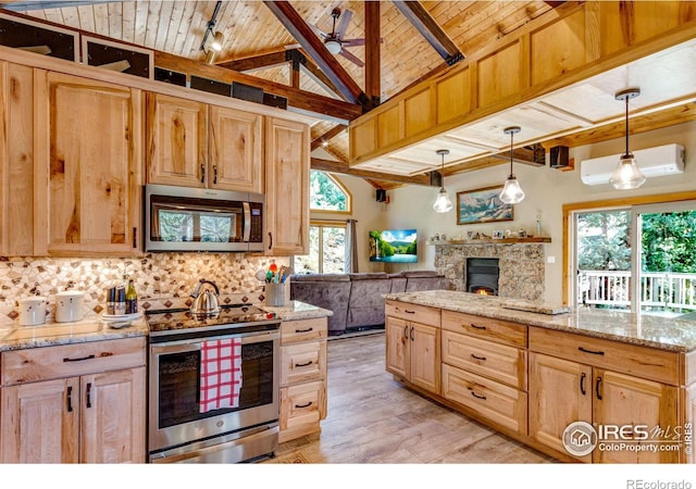 kitchen featuring a wall mounted AC, wooden ceiling, pendant lighting, light hardwood / wood-style flooring, and appliances with stainless steel finishes