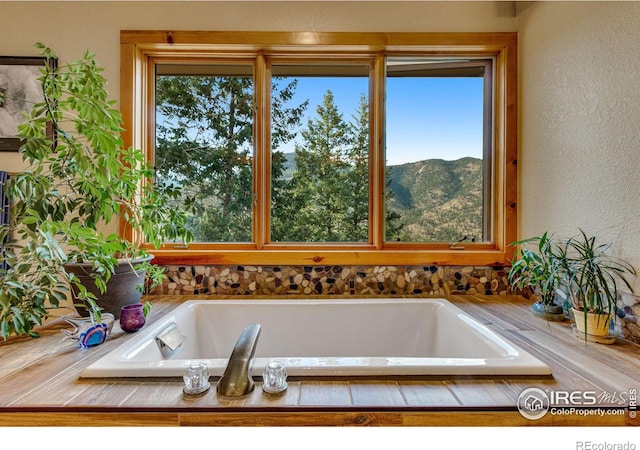 bathroom with a tub and a mountain view