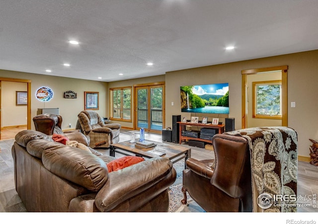 living room with light hardwood / wood-style flooring and a textured ceiling