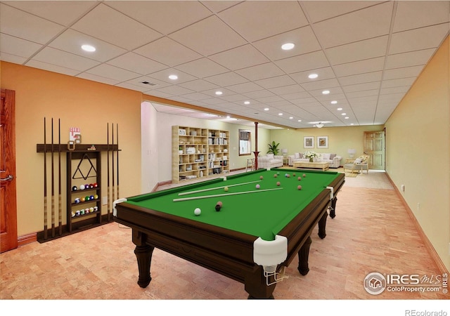 rec room featuring pool table, a paneled ceiling, and light carpet