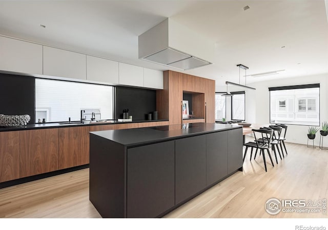 kitchen with white cabinetry, light hardwood / wood-style floors, hanging light fixtures, and a kitchen island