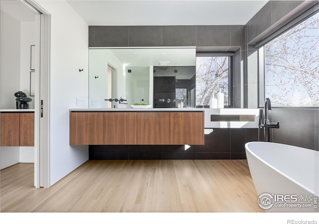 bathroom featuring vanity, plus walk in shower, and hardwood / wood-style flooring