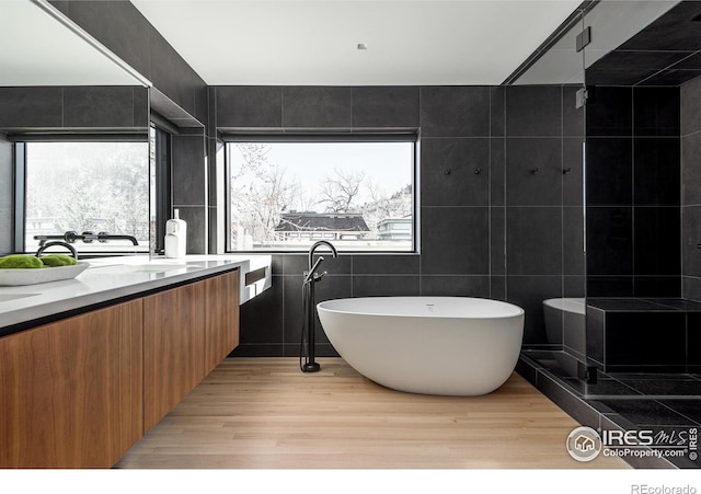 bathroom featuring vanity, a tub to relax in, tile walls, and a wealth of natural light