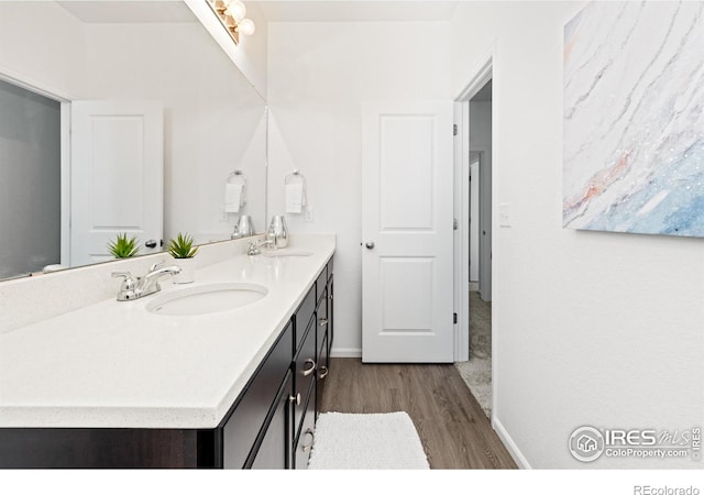 bathroom featuring hardwood / wood-style floors and vanity