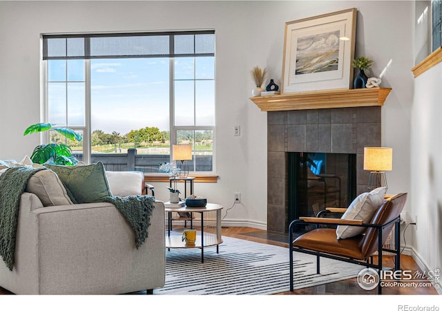 living room with a tiled fireplace and hardwood / wood-style flooring