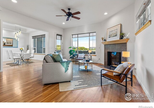 living area featuring recessed lighting, baseboards, and wood finished floors
